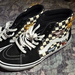Vans Black and White Checkered High-Tops with Embroidered Patches